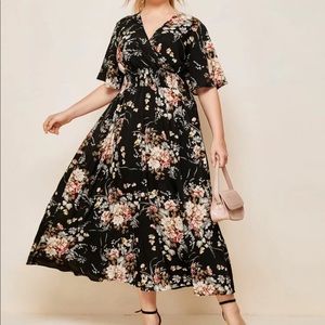 Black floral print shirred waist surplice dress